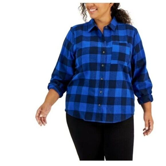 Style & Co Plus Size 2X Buffalo Plaid Blue Black Button Down Shirt New With Tags - Picture 1 of 16